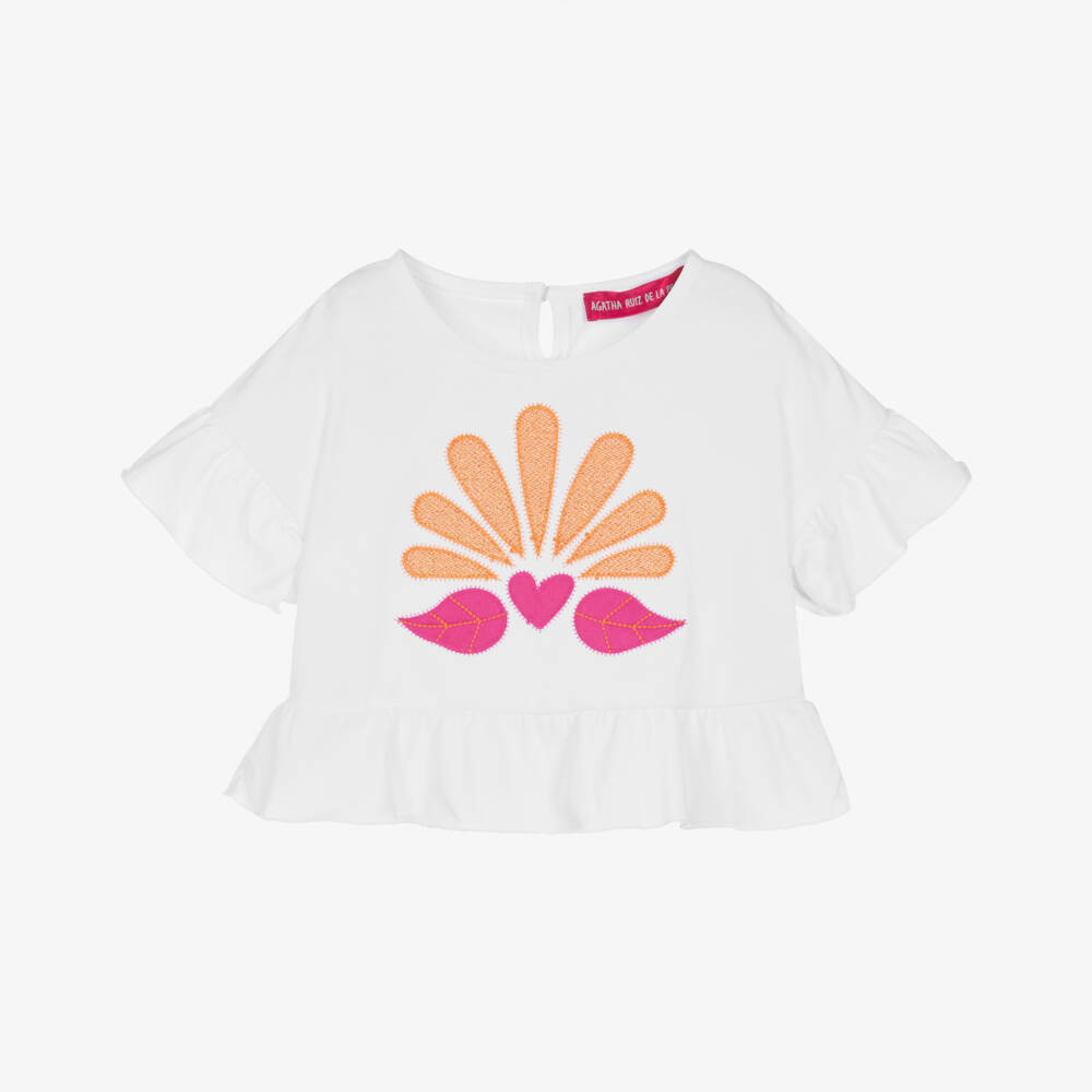 Agatha Ruiz de la Prada-Girls White Ruffled Cotton T-Shirt | Childrensalon