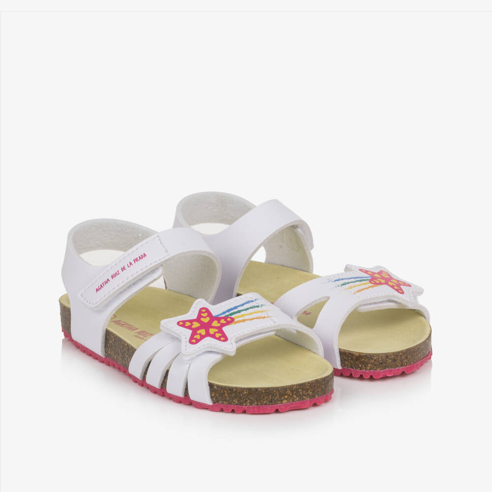 Agatha Ruiz de la Prada-Girls White Velcro Sandals with Shooting Star Motif | Childrensalon