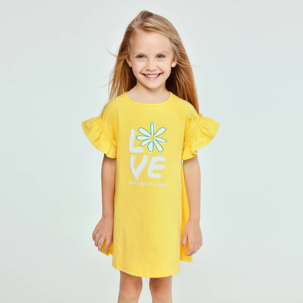 Agatha Ruiz de la Prada-Girls Yellow Cotton Jersey Love Daisy Dress with Logo | Childrensalon