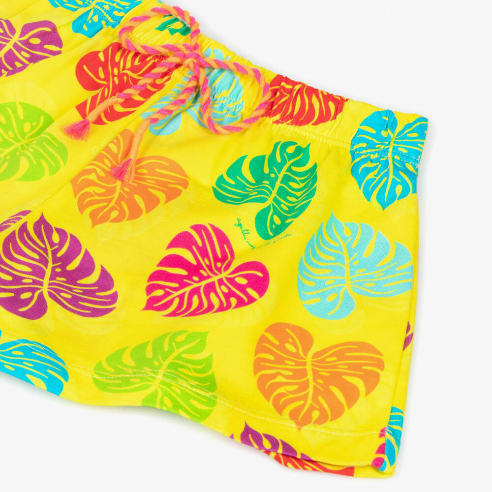 Agatha Ruiz de la Prada-Girls Yellow Cotton Shorts with Colourful Palm Leaf Print | Childrensalon