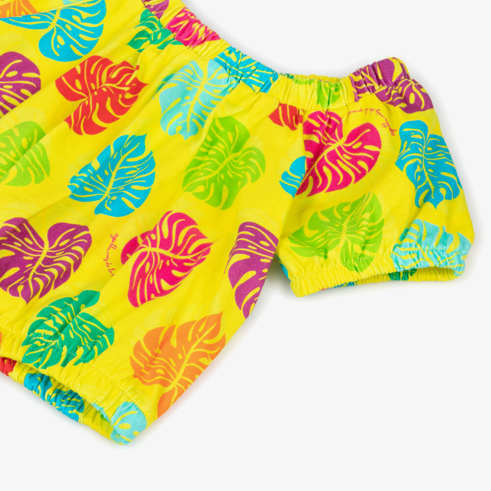 Agatha Ruiz de la Prada-Girls Yellow Cotton T-Shirt with Colourful Palm Leaf Print | Childrensalon