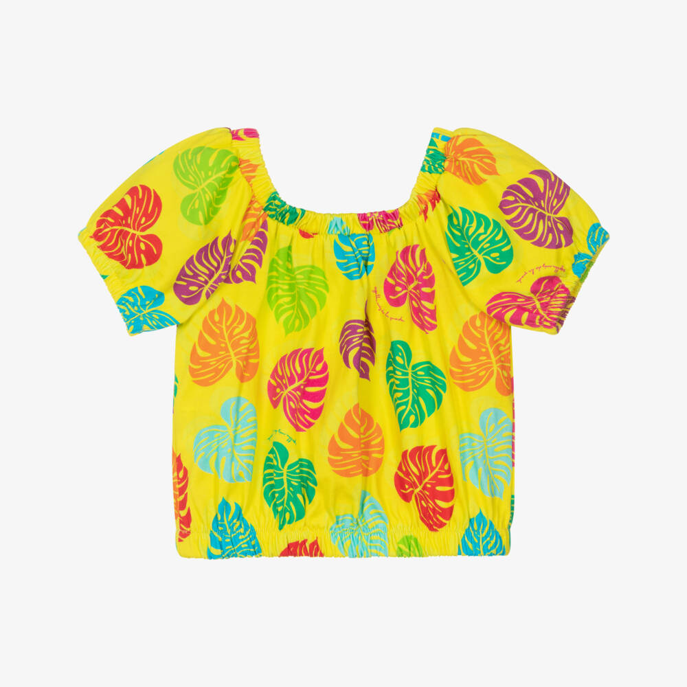 Agatha Ruiz de la Prada-Girls Yellow Cotton T-Shirt with Colourful Palm Leaf Print | Childrensalon