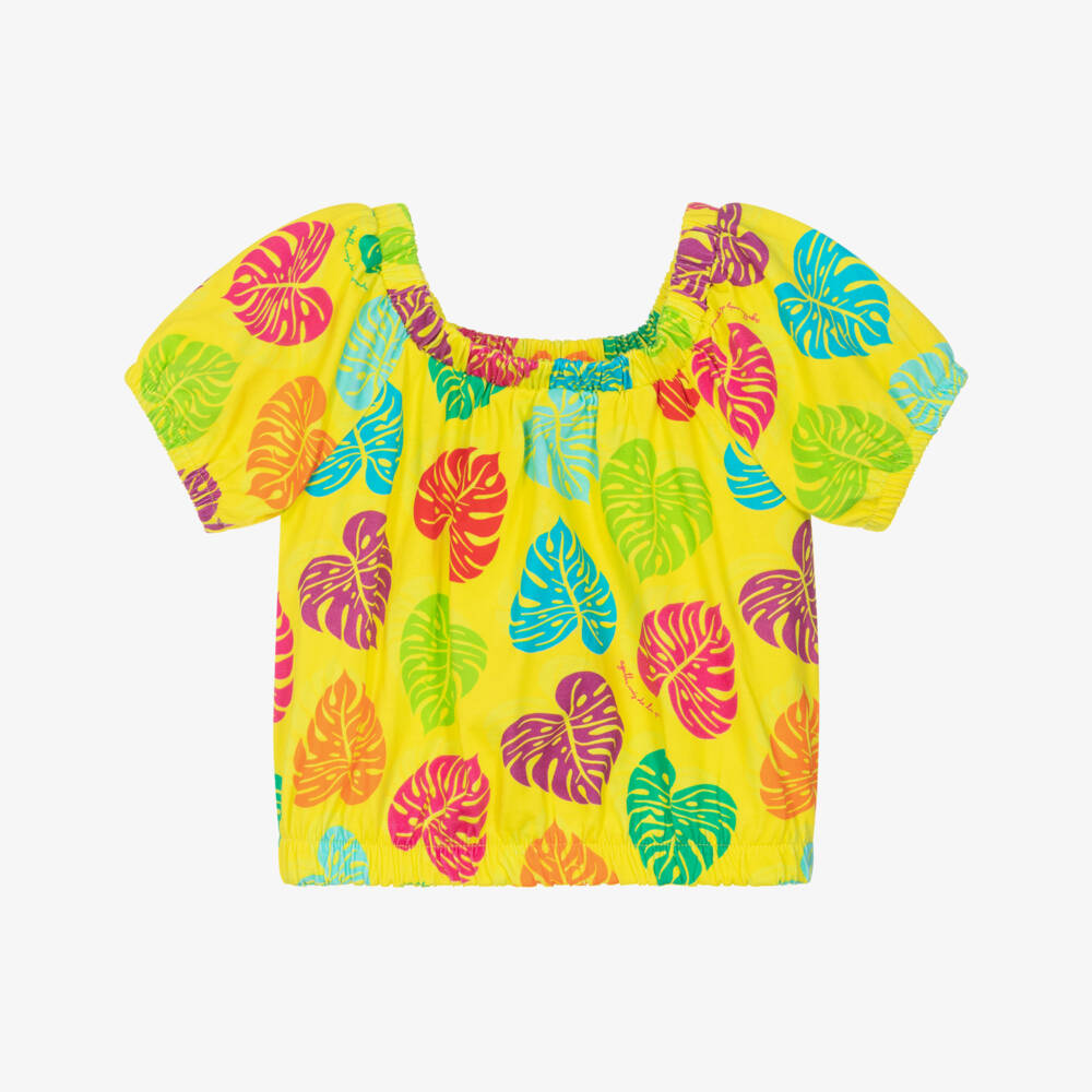 Agatha Ruiz de la Prada-Girls Yellow Cotton T-Shirt with Colourful Palm Leaf Print | Childrensalon