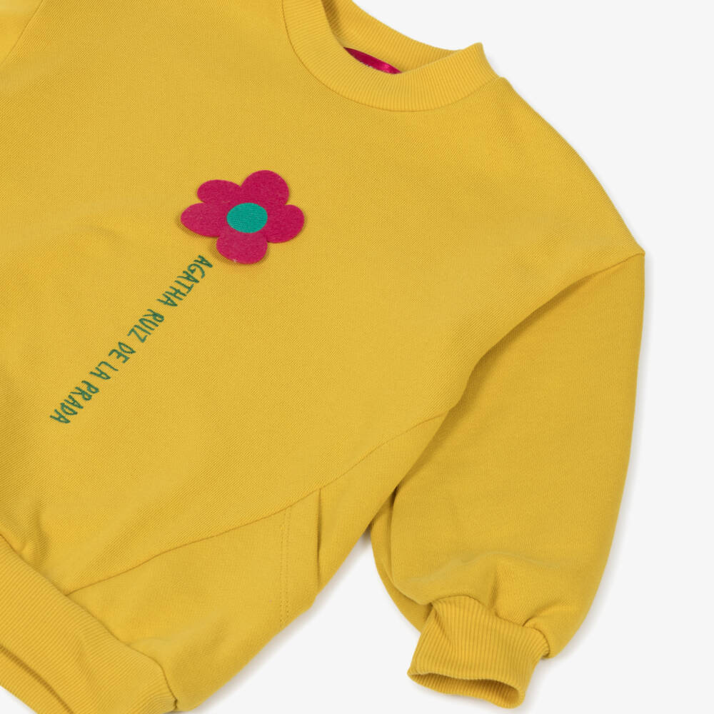 Agatha Ruiz de la Prada-Свитшот желтый хлопковый с цветочным логотипом для девочек | Childrensalon