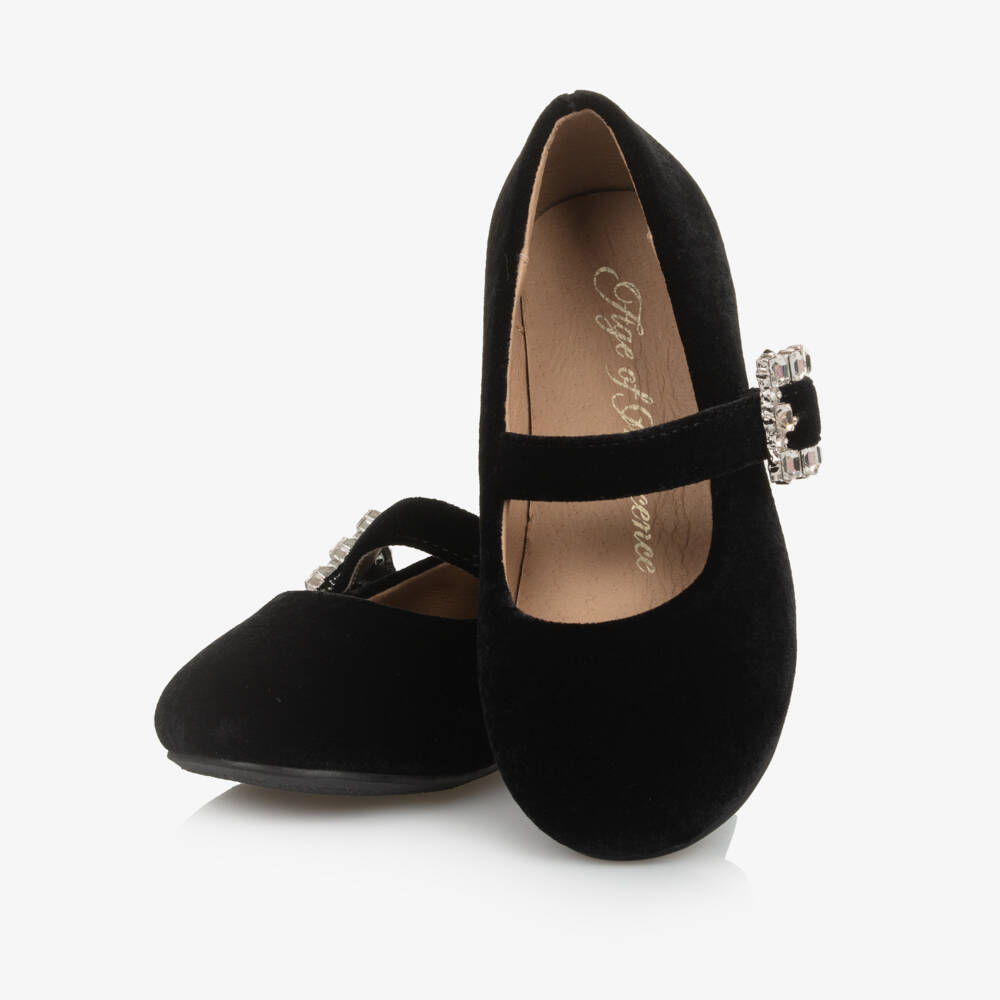 Age of Innocence-Girls Black Velvet Shoes with Diamanté Buckle | Childrensalon