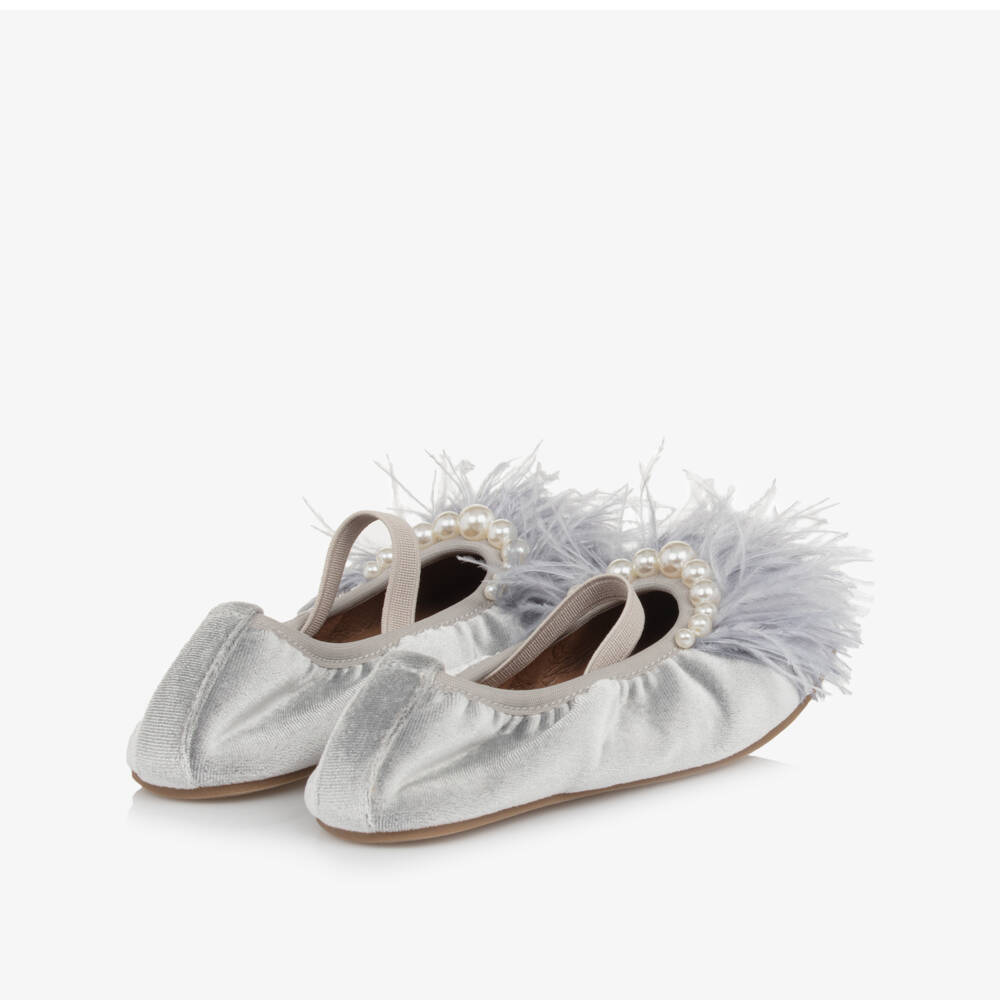 Age of Innocence-Girls Grey Velvet Ballerina Pumps | Childrensalon