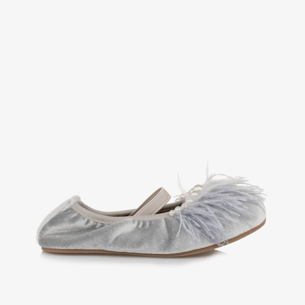 Age of Innocence-Girls Grey Velvet Ballerina Pumps | Childrensalon