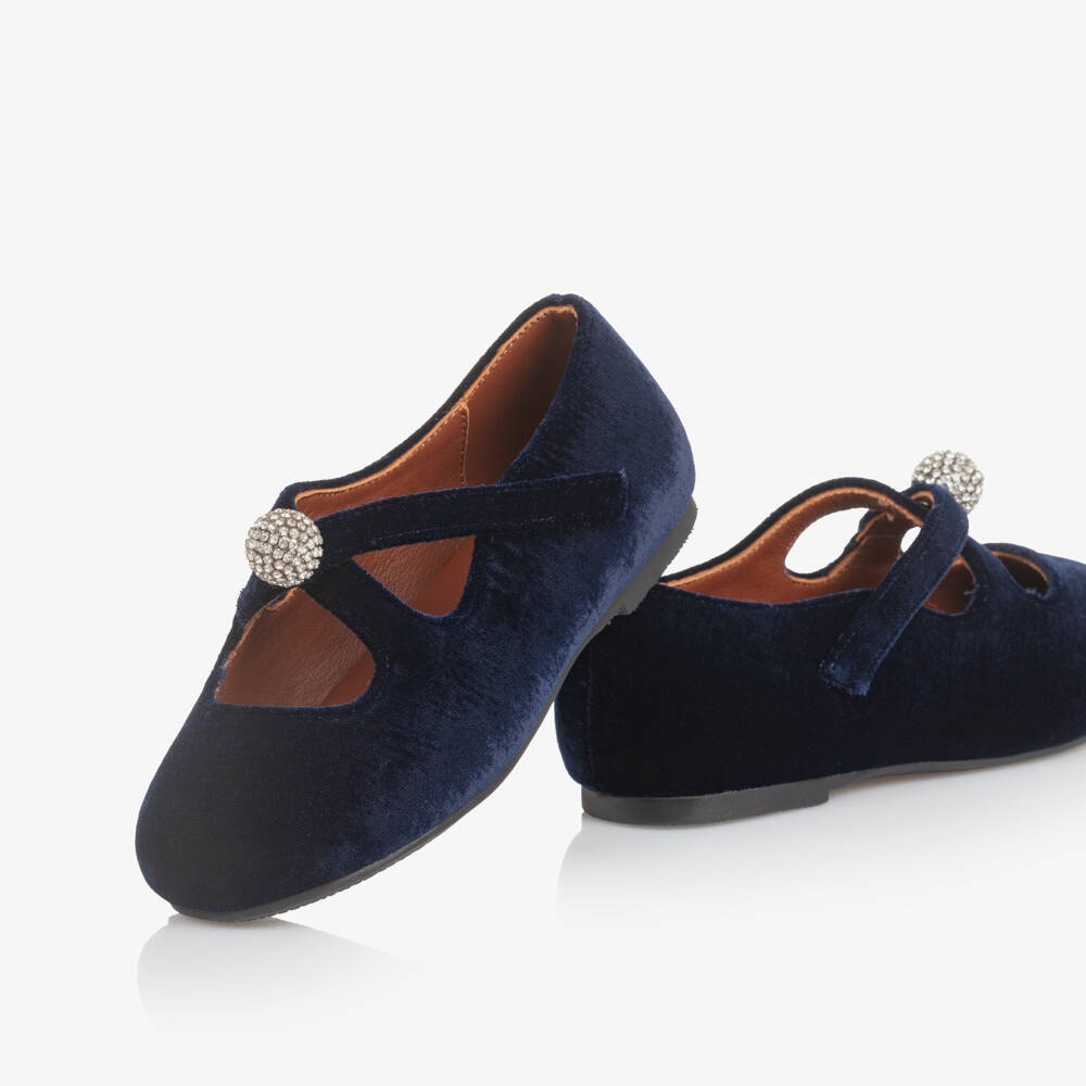 Age of Innocence-Girls Navy Blue Velvet & Diamanté Shoes | Childrensalon