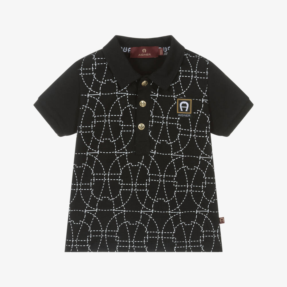 AIGNER-Baby Boys Black Cotton Polo Shirt with Logo Pattern | Childrensalon