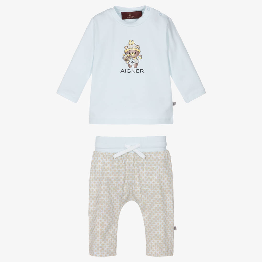 AIGNER-Baby Boys Blue & Beige Pima Cotton Trouser Set | Childrensalon