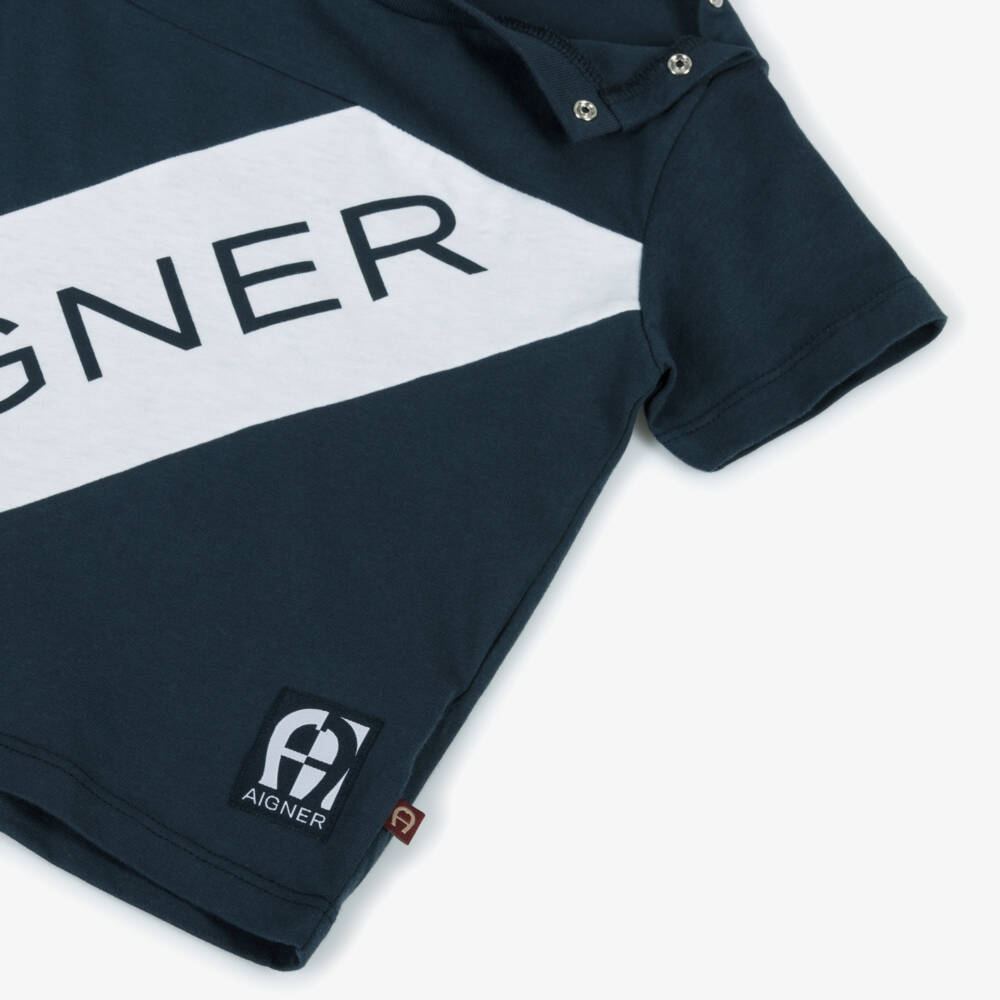 AIGNER-Baby Boys Blue Cotton T-Shirt With Logo Stripe | Childrensalon