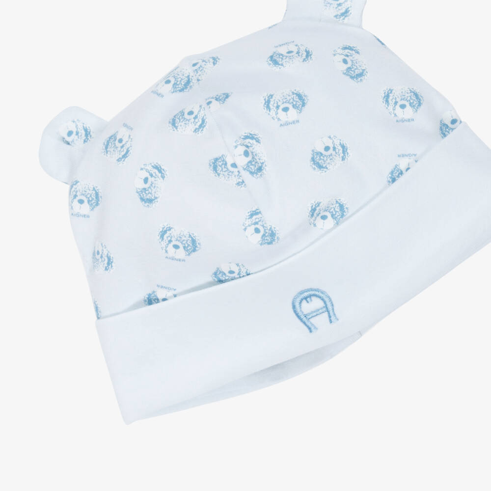 AIGNER-Baby Boys Blue Pima Cotton Teddy Bear Print Hat | Childrensalon
