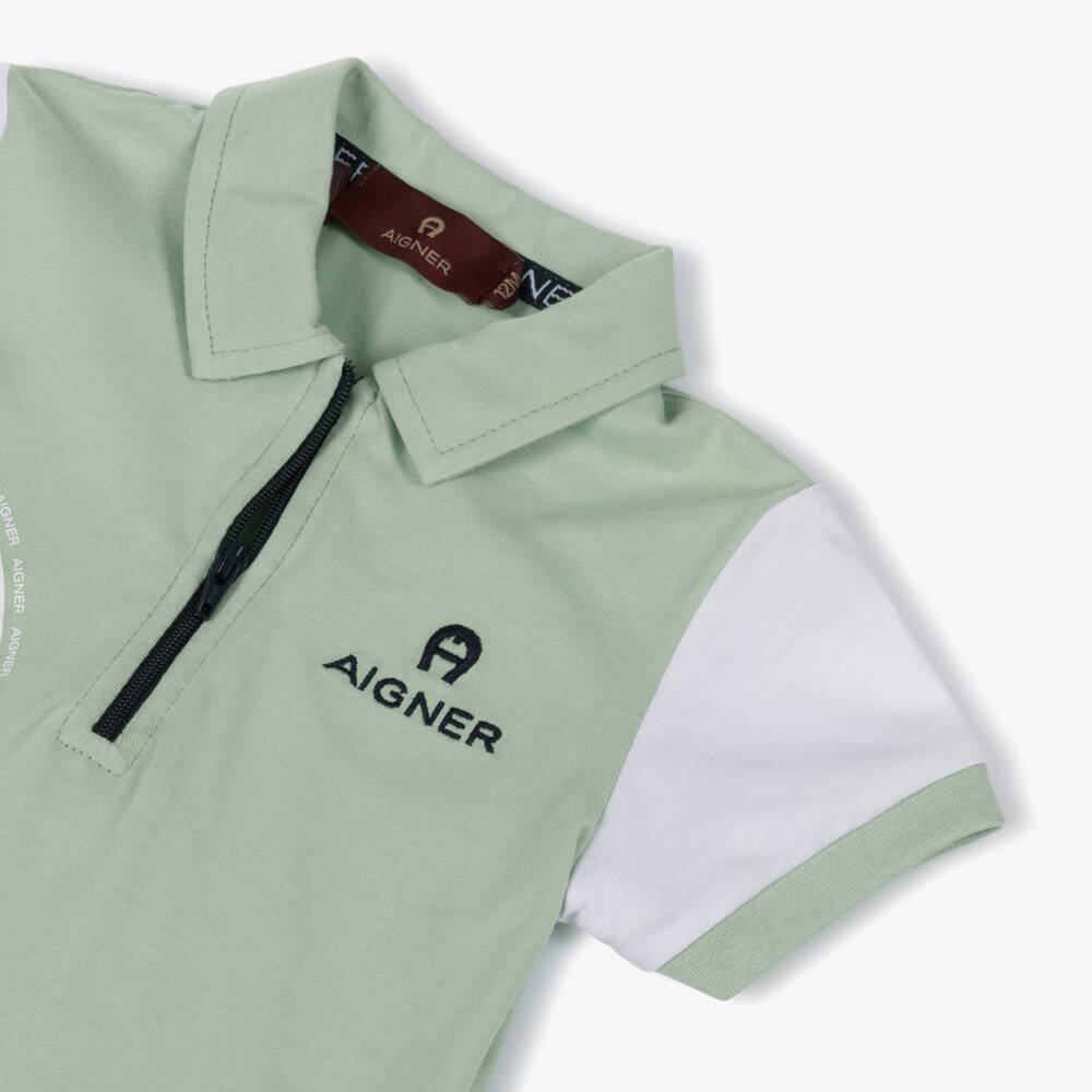 AIGNER-Baby Boys Green & White Polo Shirt with Zip Fastening | Childrensalon