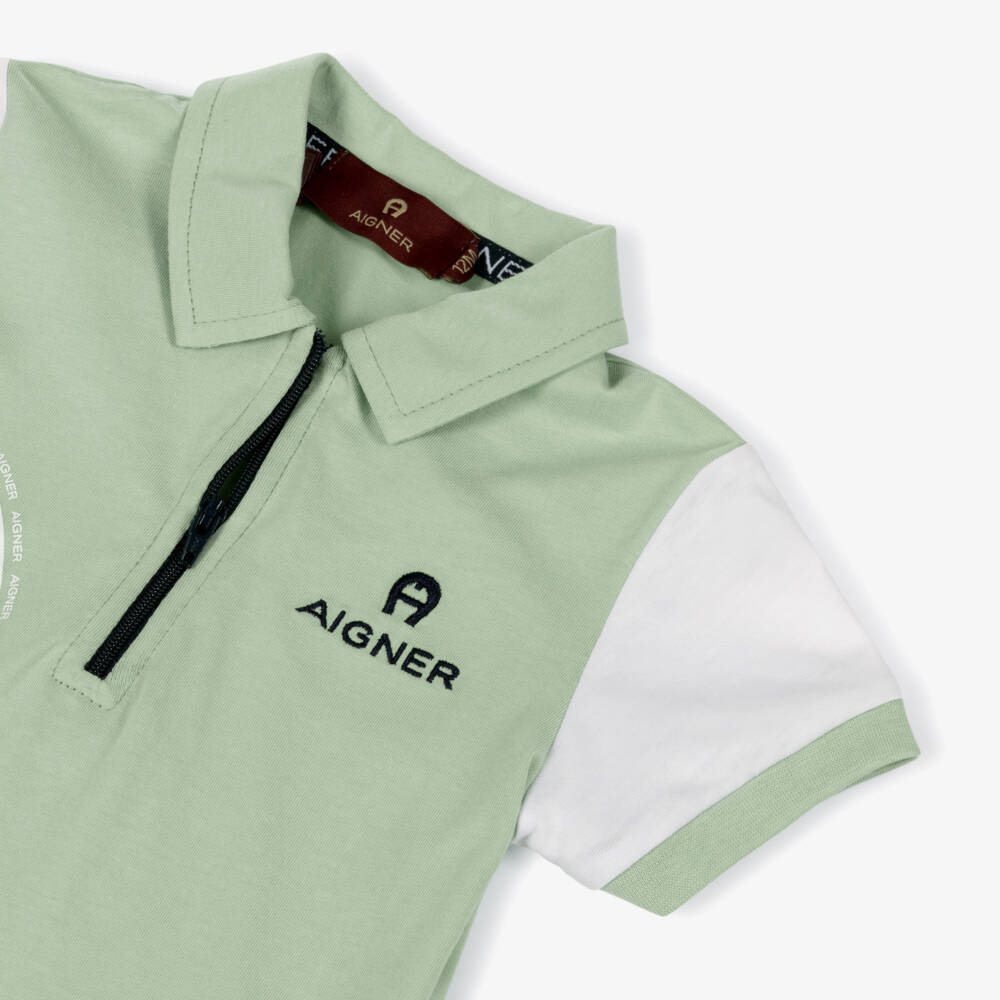 AIGNER-Baby Boys Green & White Polo Shirt with Zip Fastening | Childrensalon