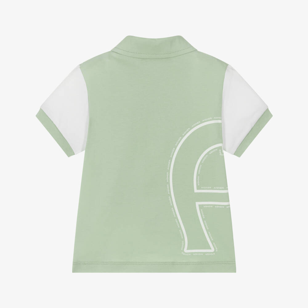 AIGNER-Baby Boys Green & White Polo Shirt with Zip Fastening | Childrensalon