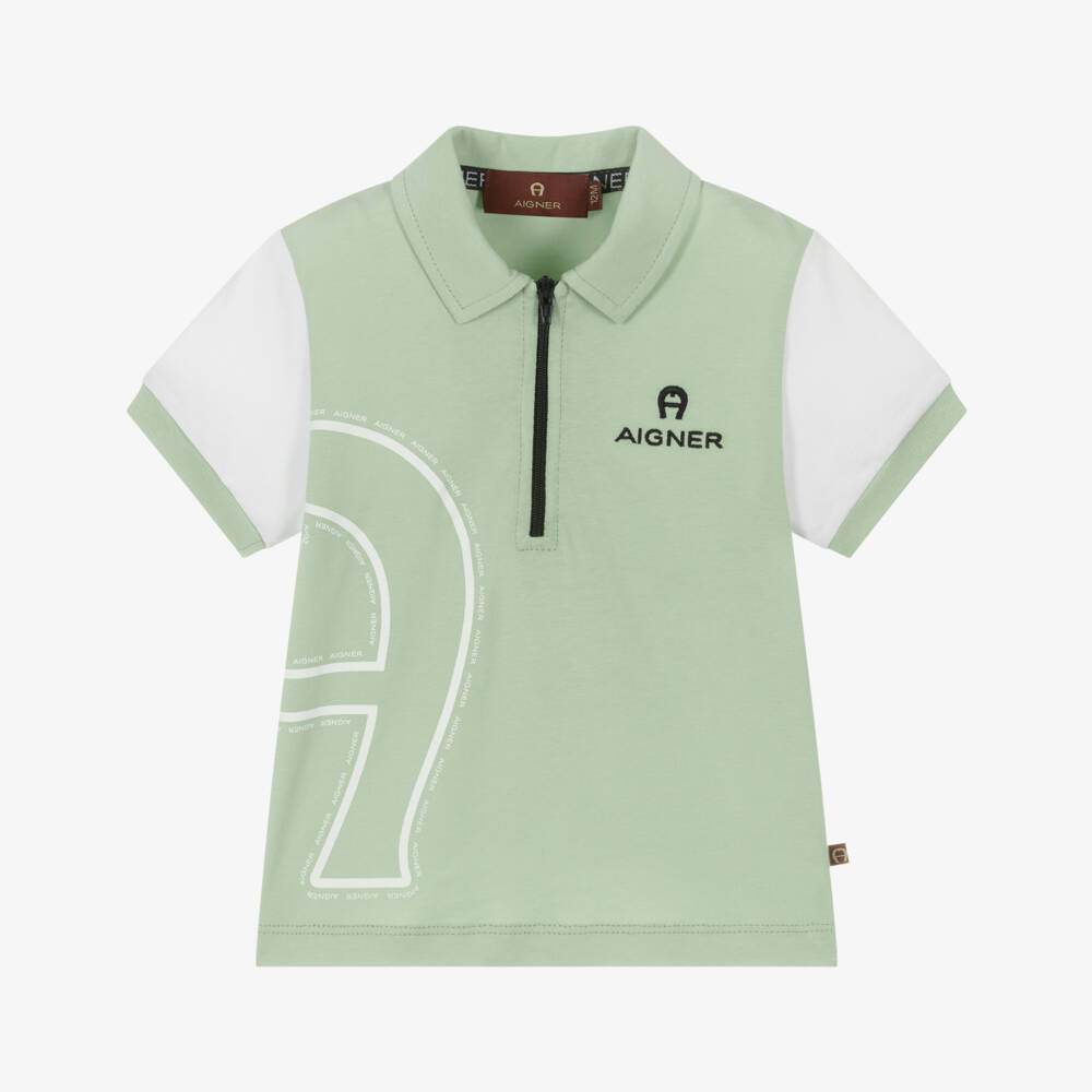 AIGNER-Baby Boys Green & White Polo Shirt with Zip Fastening | Childrensalon