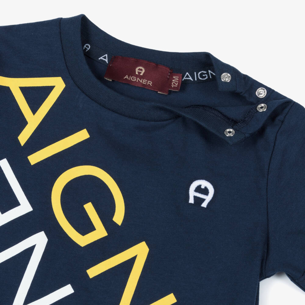 AIGNER-Baby Boys Navy Blue T-Shirt with Yellow & White Logo Print | Childrensalon