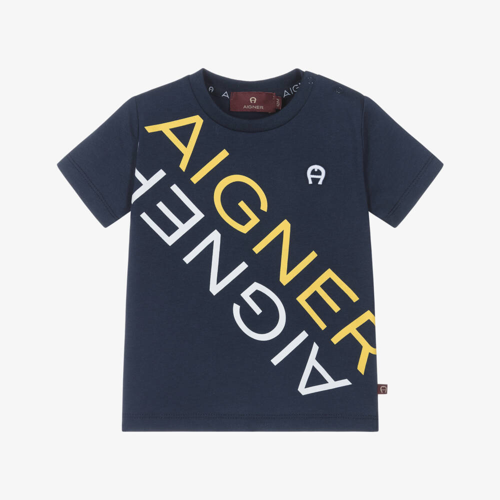 AIGNER-Baby Boys Navy Blue T-Shirt with Yellow & White Logo Print | Childrensalon