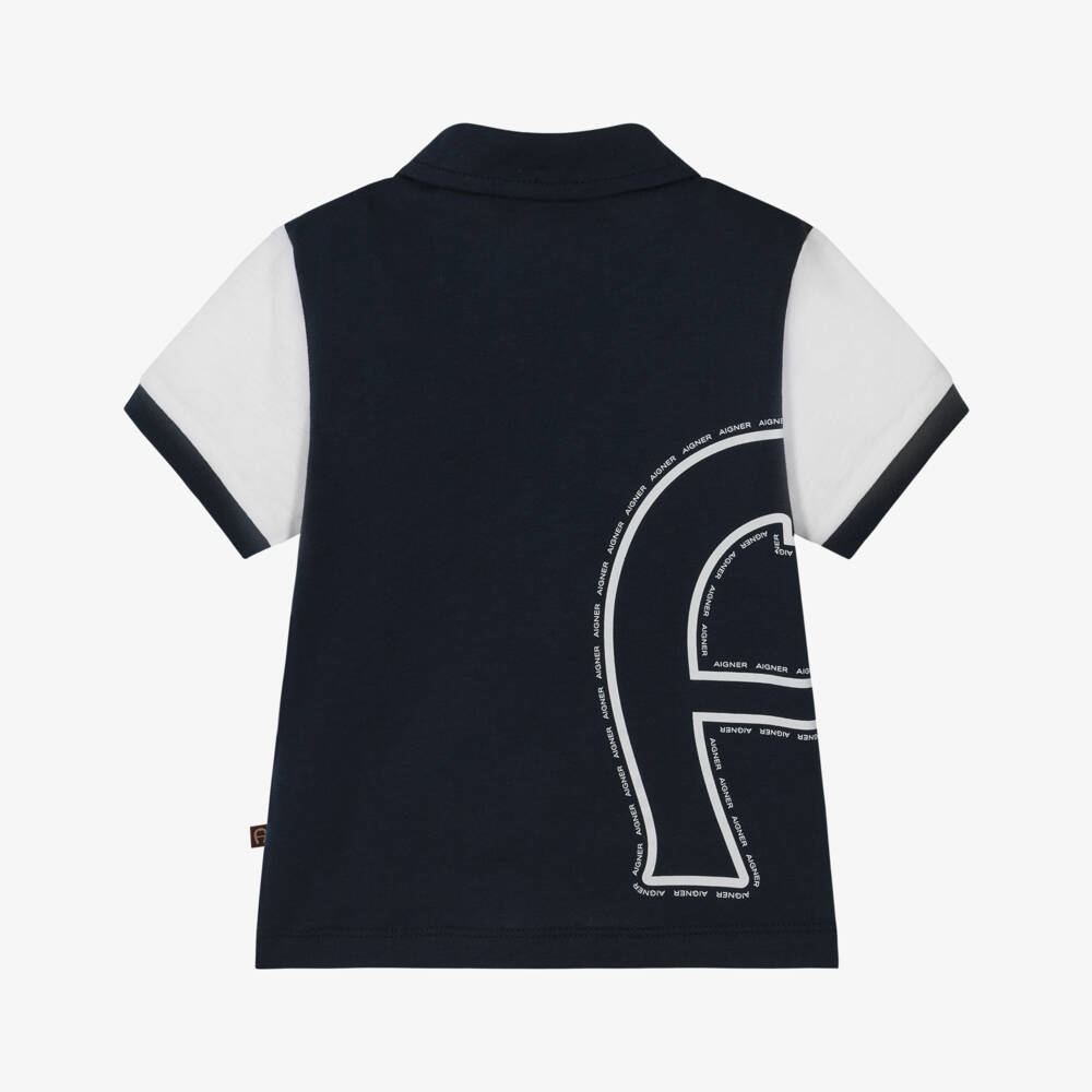 AIGNER-Baby Boys Navy Blue & White Polo Shirt with Zip Fastening | Childrensalon