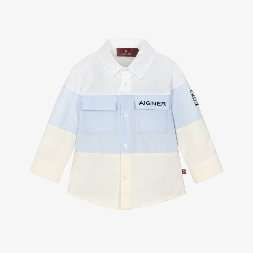 AIGNER-Baby Boys Pale Blue Colourblock Cotton Shirt | Childrensalon