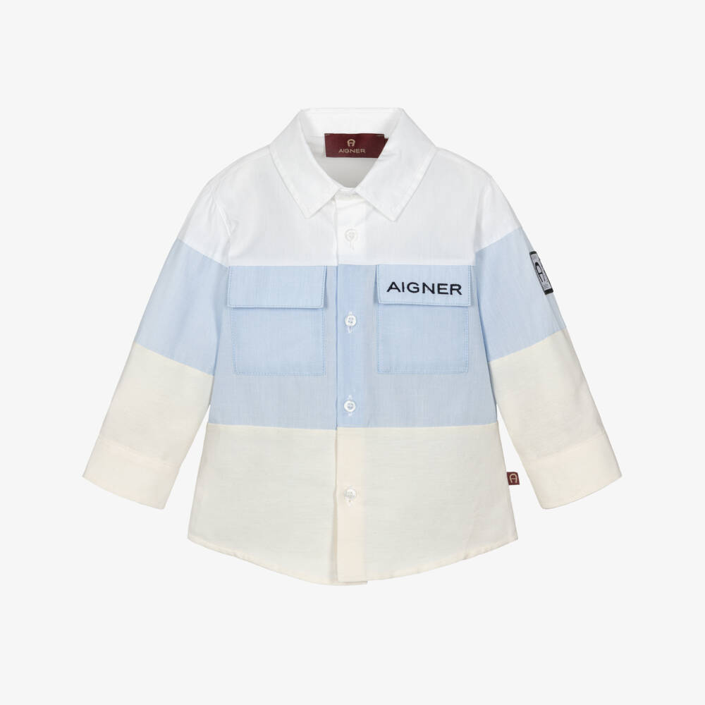 AIGNER-Baby Boys Pale Blue Colourblock Cotton Shirt | Childrensalon