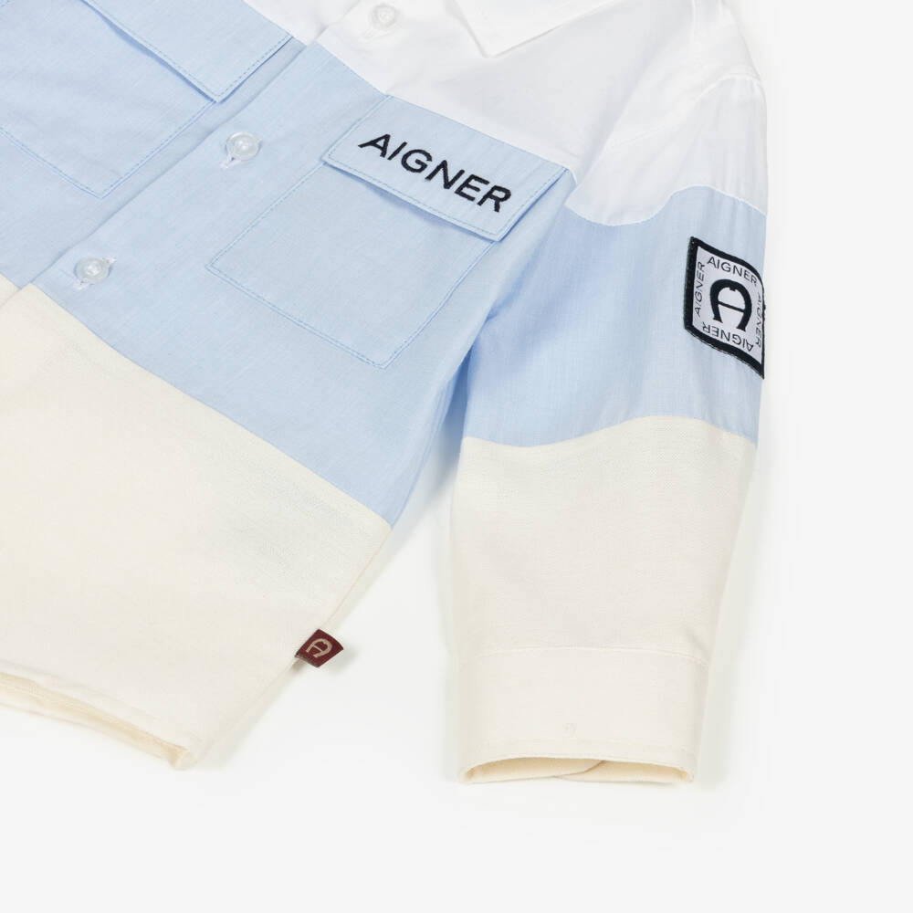 AIGNER-Рубашка голубая с цветными блоками из хлопка для малышей  | Childrensalon