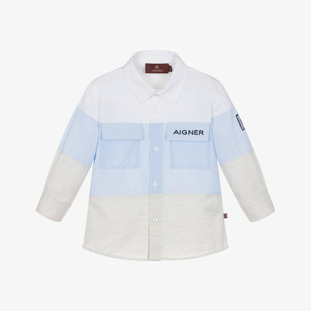 AIGNER-Baby Boys Pale Blue Colourblock Cotton Shirt | Childrensalon