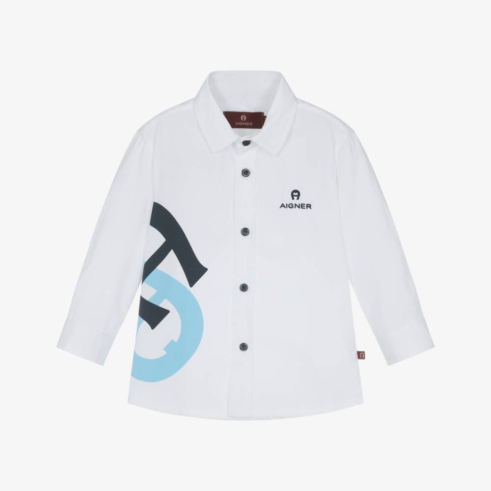 AIGNER-Baby Boys White Cotton Shirt with Blue Logo Print | Childrensalon