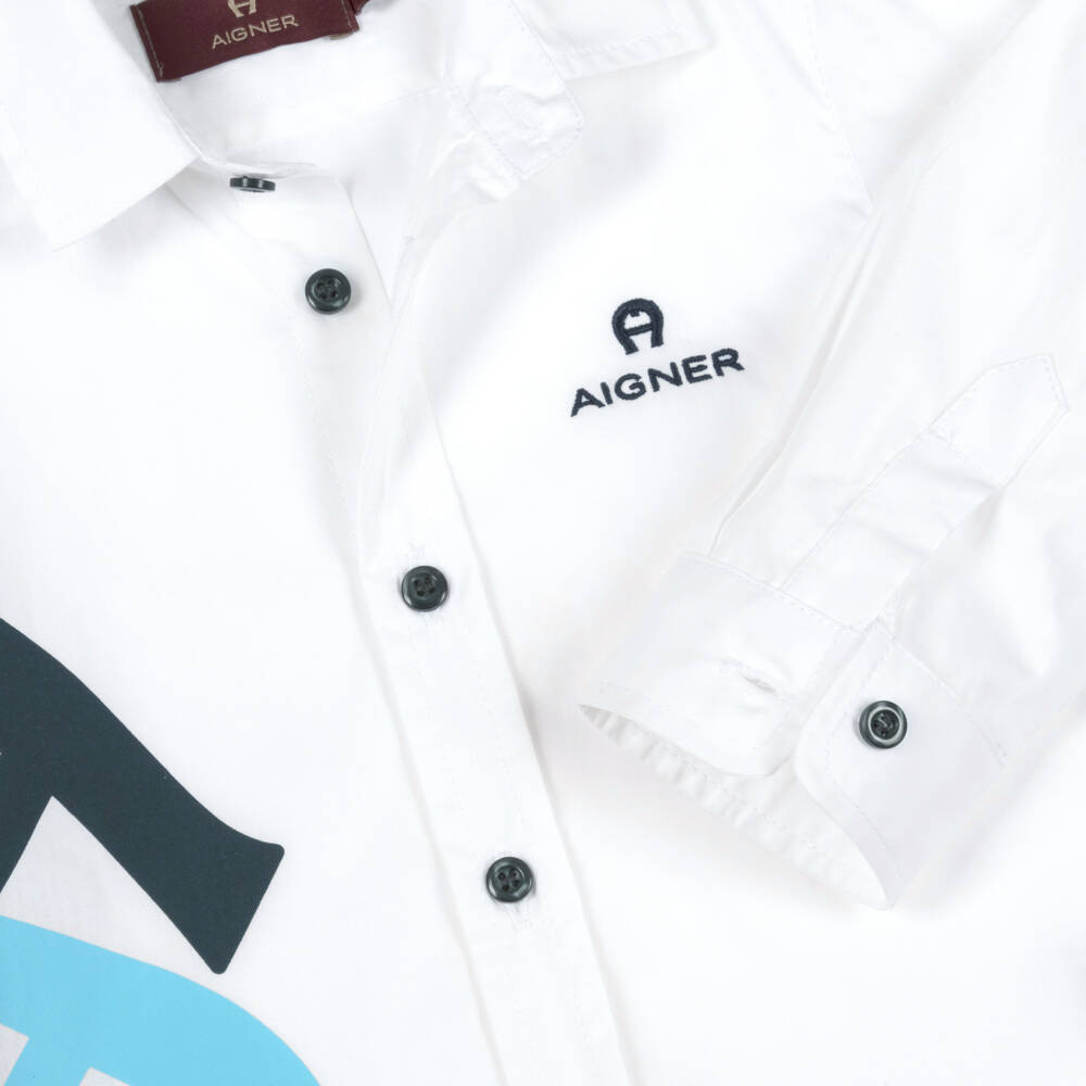 AIGNER-Baby Boys White Cotton Shirt with Blue Logo Print | Childrensalon
