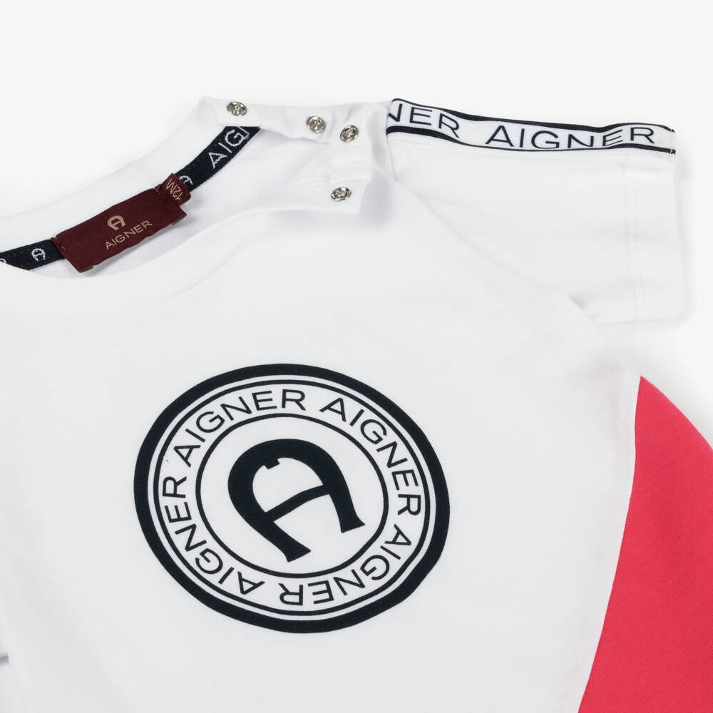 AIGNER-Baby Boys White Cotton T-Shirt With Logo Tape | Childrensalon