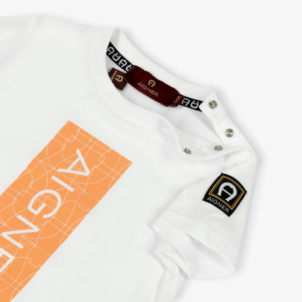 AIGNER-Baby Boys White Cotton T-Shirt with Orange Logo | Childrensalon