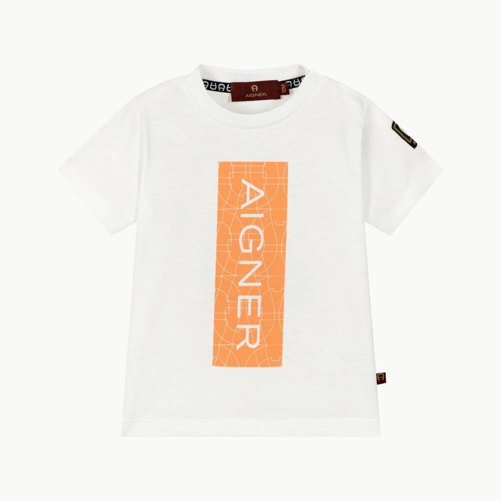 AIGNER-Baby Boys White Cotton T-Shirt with Orange Logo  | Childrensalon