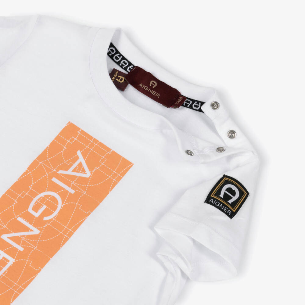 AIGNER-Baby Boys White Cotton T-Shirt with Orange Logo  | Childrensalon