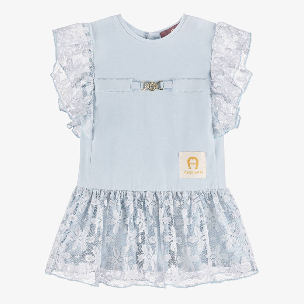 AIGNER-فستان قطن ودانتيل لون أزرق للبنات الرضع | Childrensalon