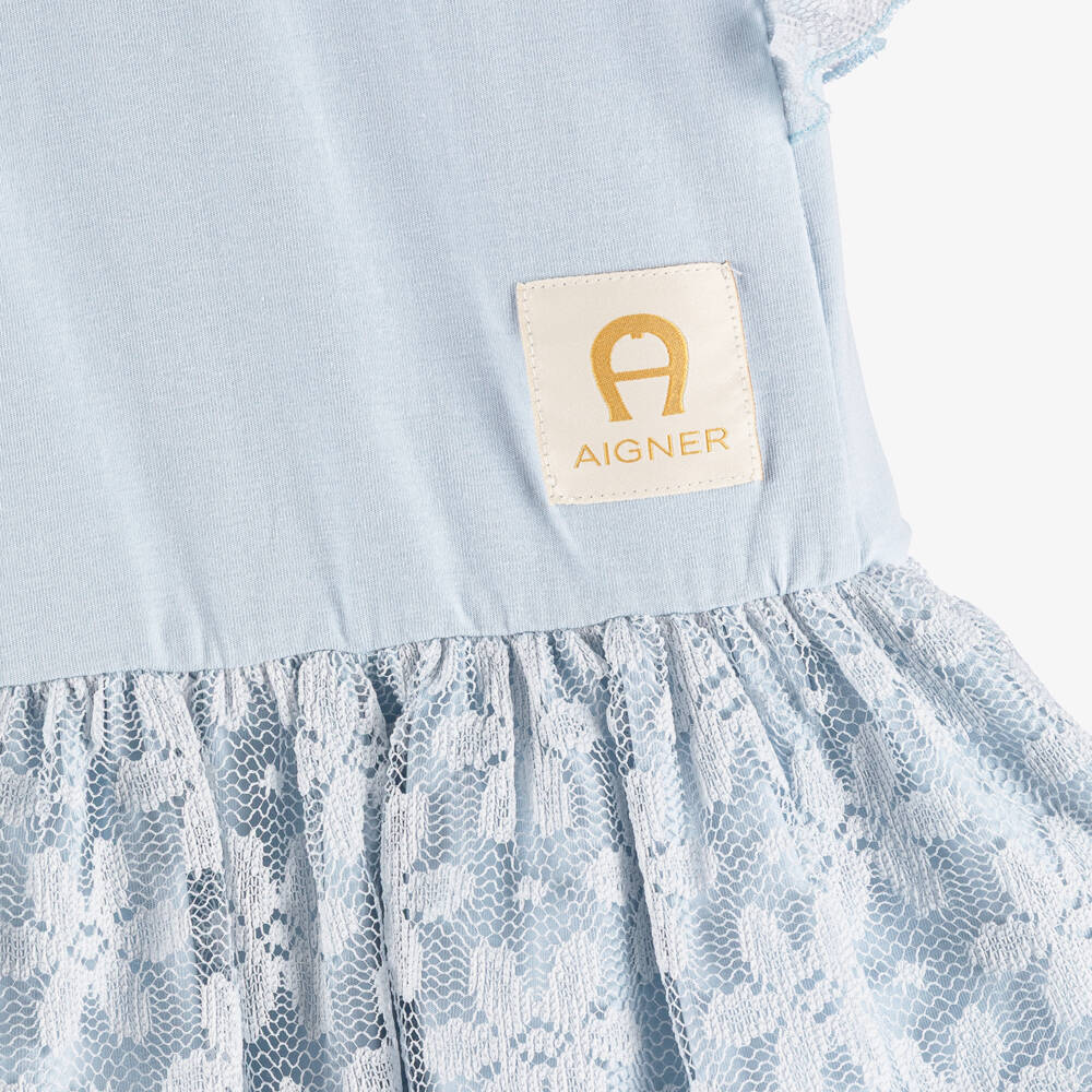 AIGNER-Baby Girls Blue Cotton Jersey & Lace Dress | Childrensalon
