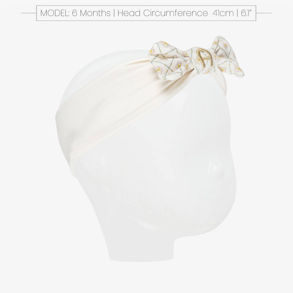 AIGNER-Baby Girls Ivory Bow Headband with Gold Logo Embroidery | Childrensalon