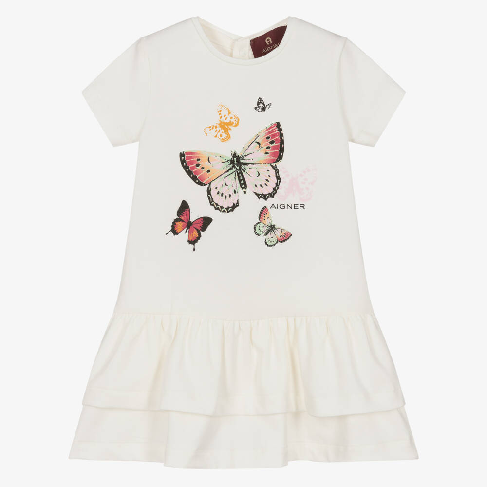 AIGNER-Baby Girls Ivory Butterfly Print Cotton Jersey Dress | Childrensalon