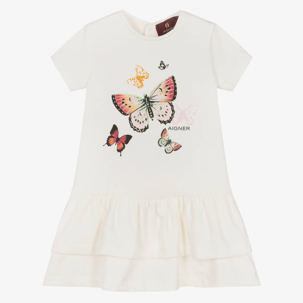 AIGNER-Baby Girls Ivory Butterfly Print Cotton Jersey Dress | Childrensalon