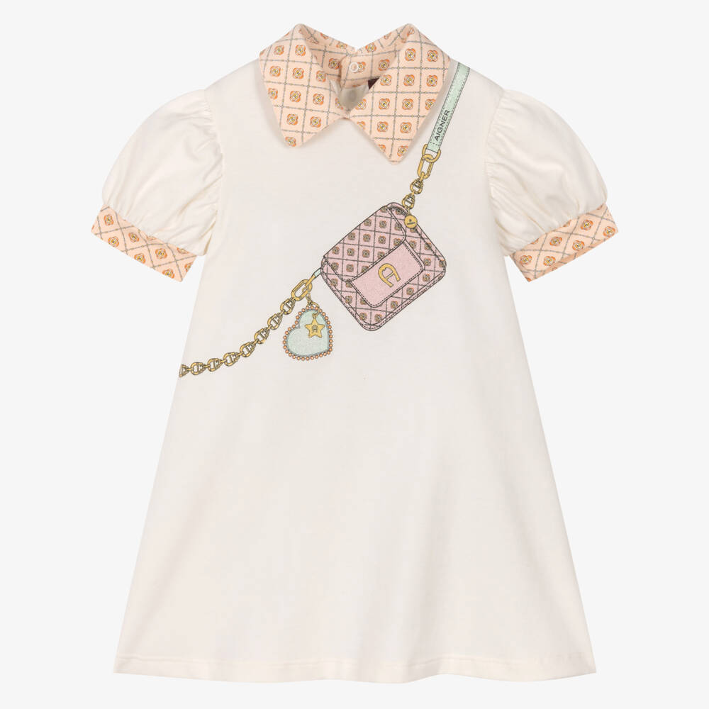 AIGNER-Baby Girls Ivory Cotton Jersey Dress with Bag Print | Childrensalon