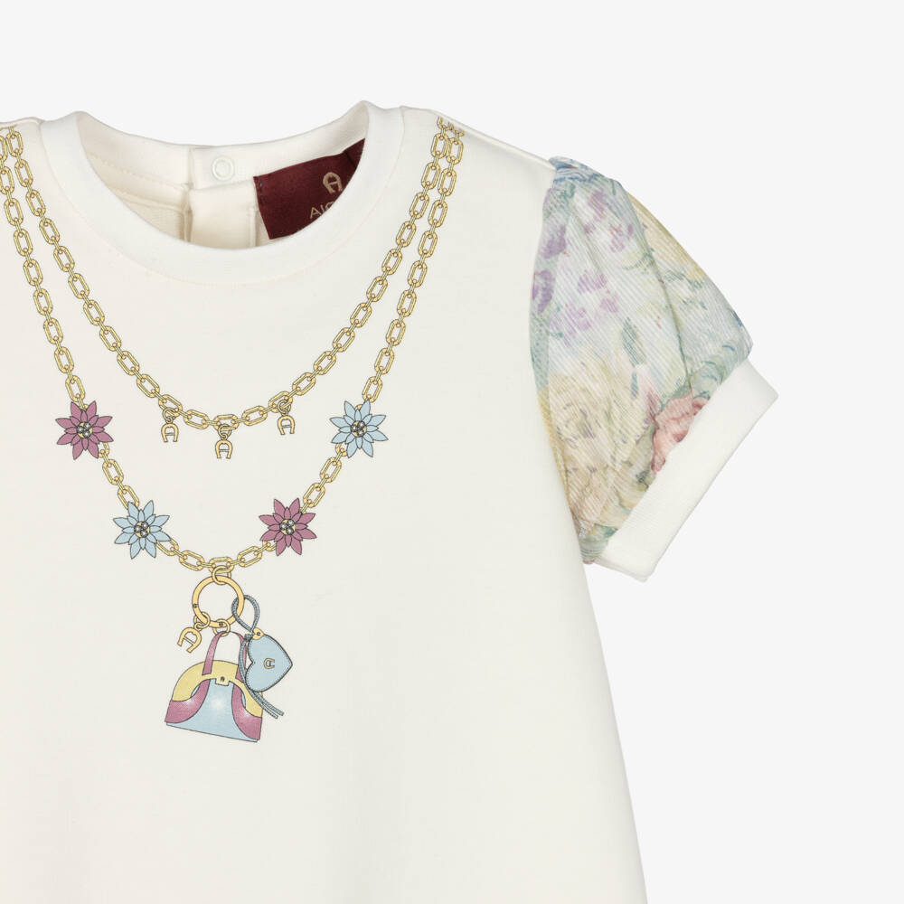 AIGNER-Baby Girls Ivory Cotton Jersey Dress with Floral Trims | Childrensalon