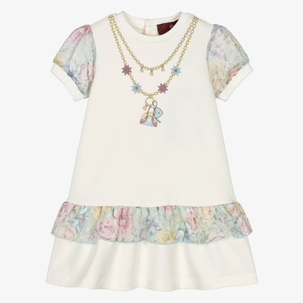 AIGNER-Baby Girls Ivory Cotton Jersey Dress with Floral Trims | Childrensalon