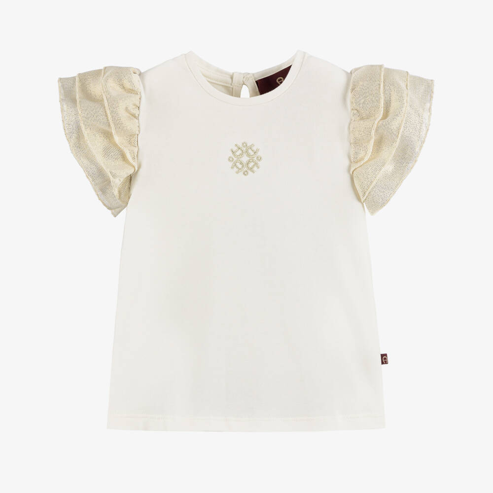 AIGNER-Baby Girls Ivory Cotton Shimmer Sleeve T-Shirt | Childrensalon