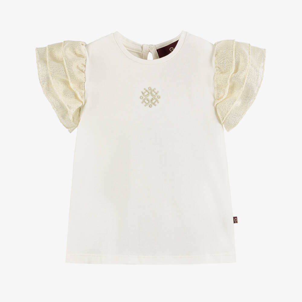 AIGNER-Baby Girls Ivory Cotton Shimmer Sleeve T-Shirt | Childrensalon