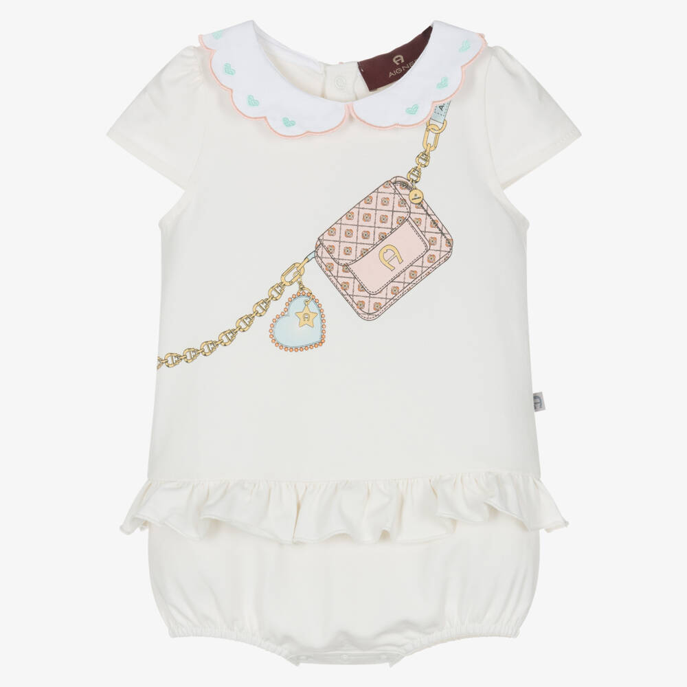 AIGNER-Baby Girls Ivory Pima Cotton Shortie with Bag Print | Childrensalon