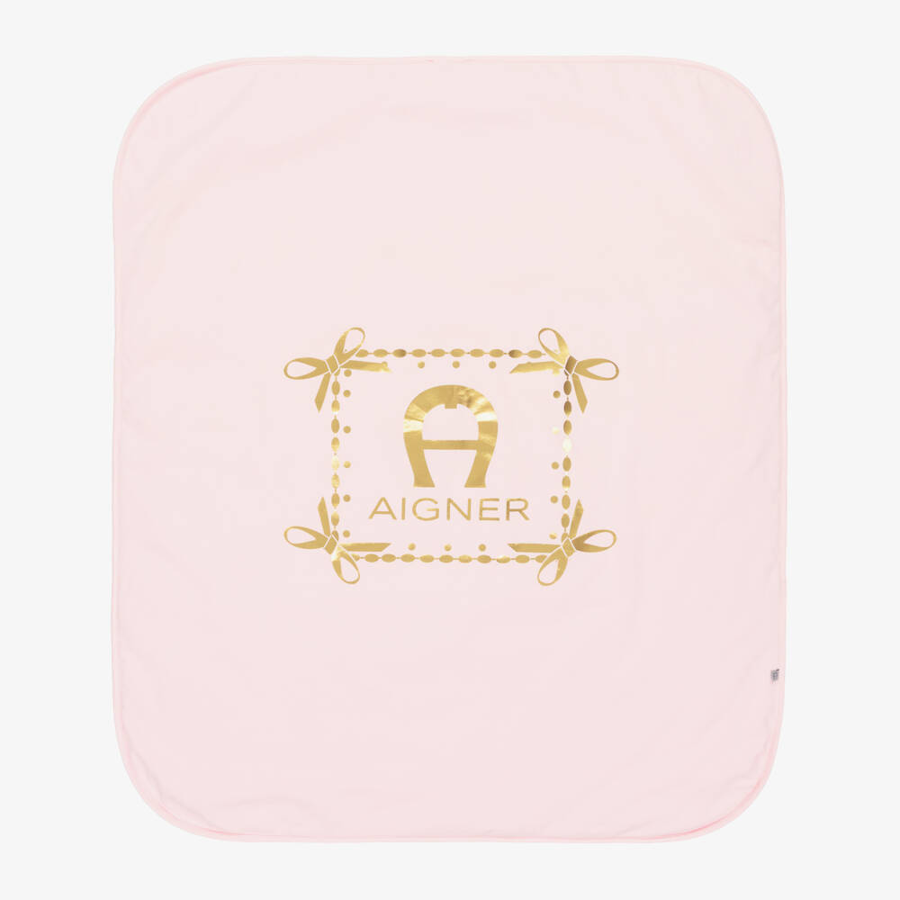 AIGNER-Baby Girls Pale Pink Padded Blanket with Gold Logo (87cm) | Childrensalon