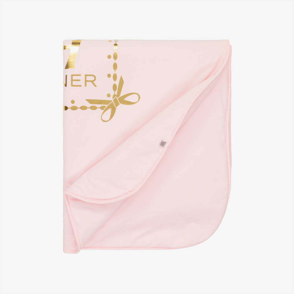 AIGNER-Baby Girls Pale Pink Padded Blanket with Gold Logo (87cm) | Childrensalon