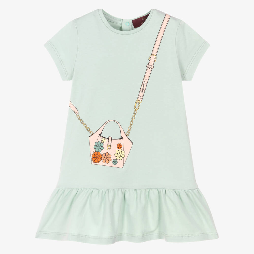 AIGNER-فستان بنات رضع قطن بطبعة حقيبة لون أخضر فاتح | Childrensalon