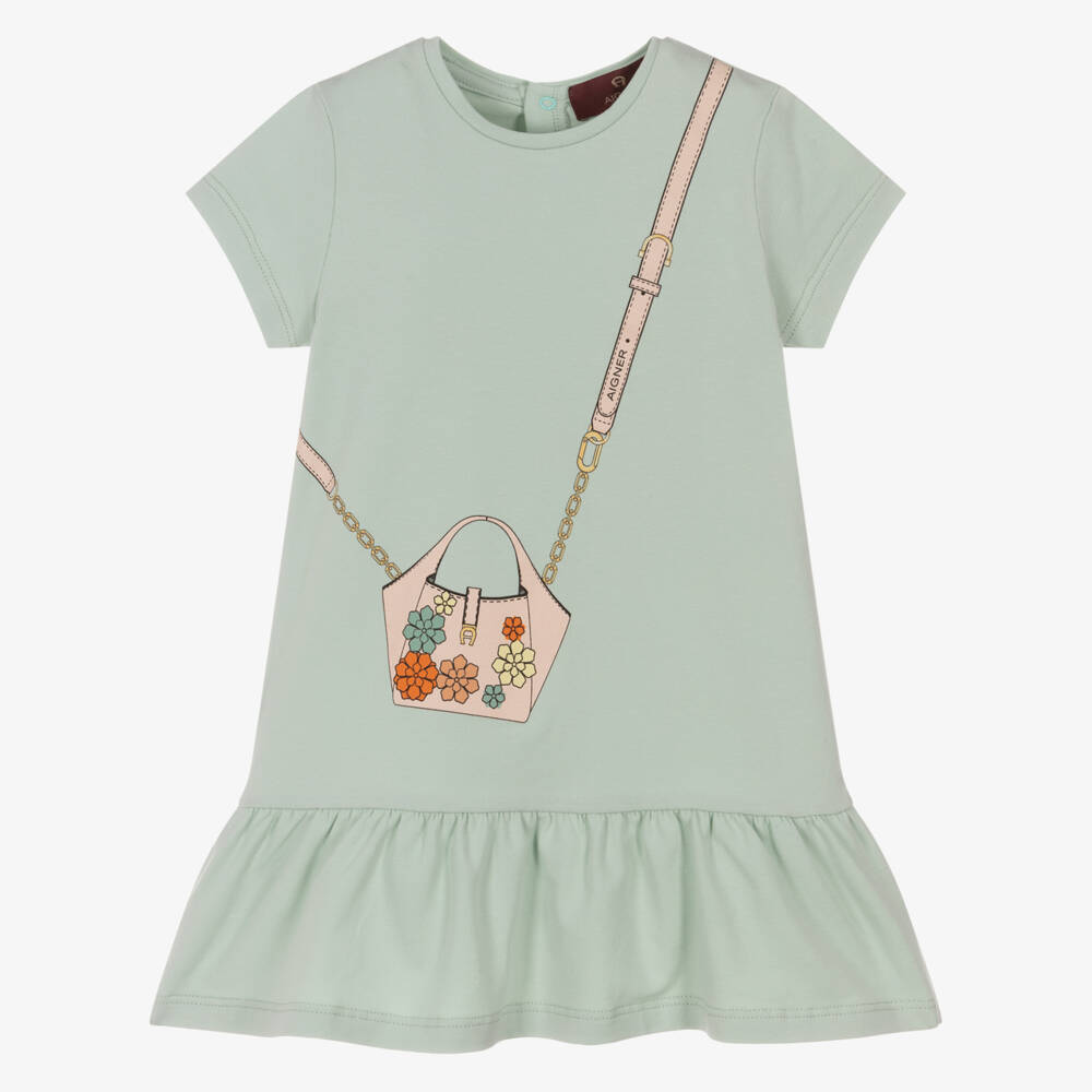 AIGNER-Baby Girls Pastel Green Cotton Dress with Handbag Print | Childrensalon