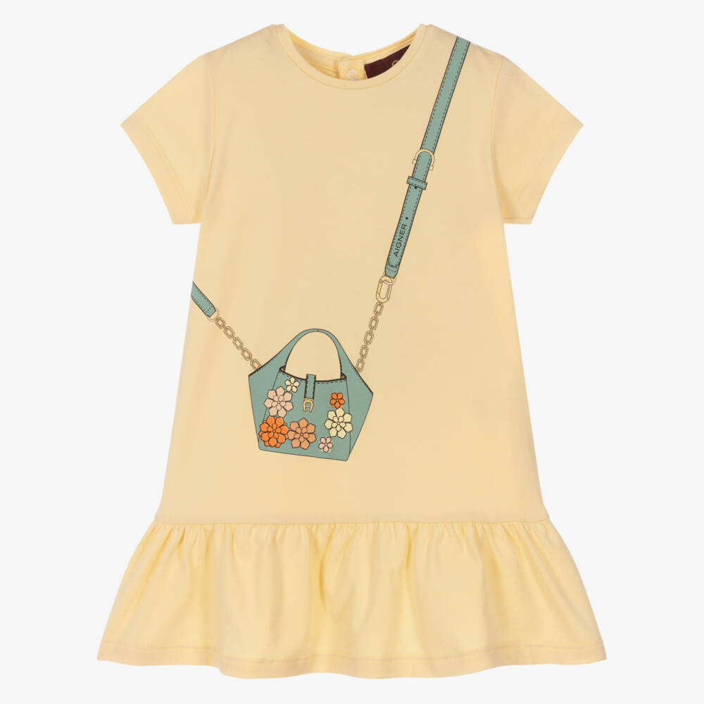 AIGNER-Baby Girls Pastel Yellow Cotton Dress with Handbag Print | Childrensalon