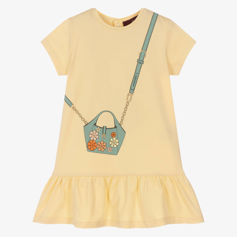 AIGNER-Baby Girls Pastel Yellow Cotton Dress with Handbag Print | Childrensalon